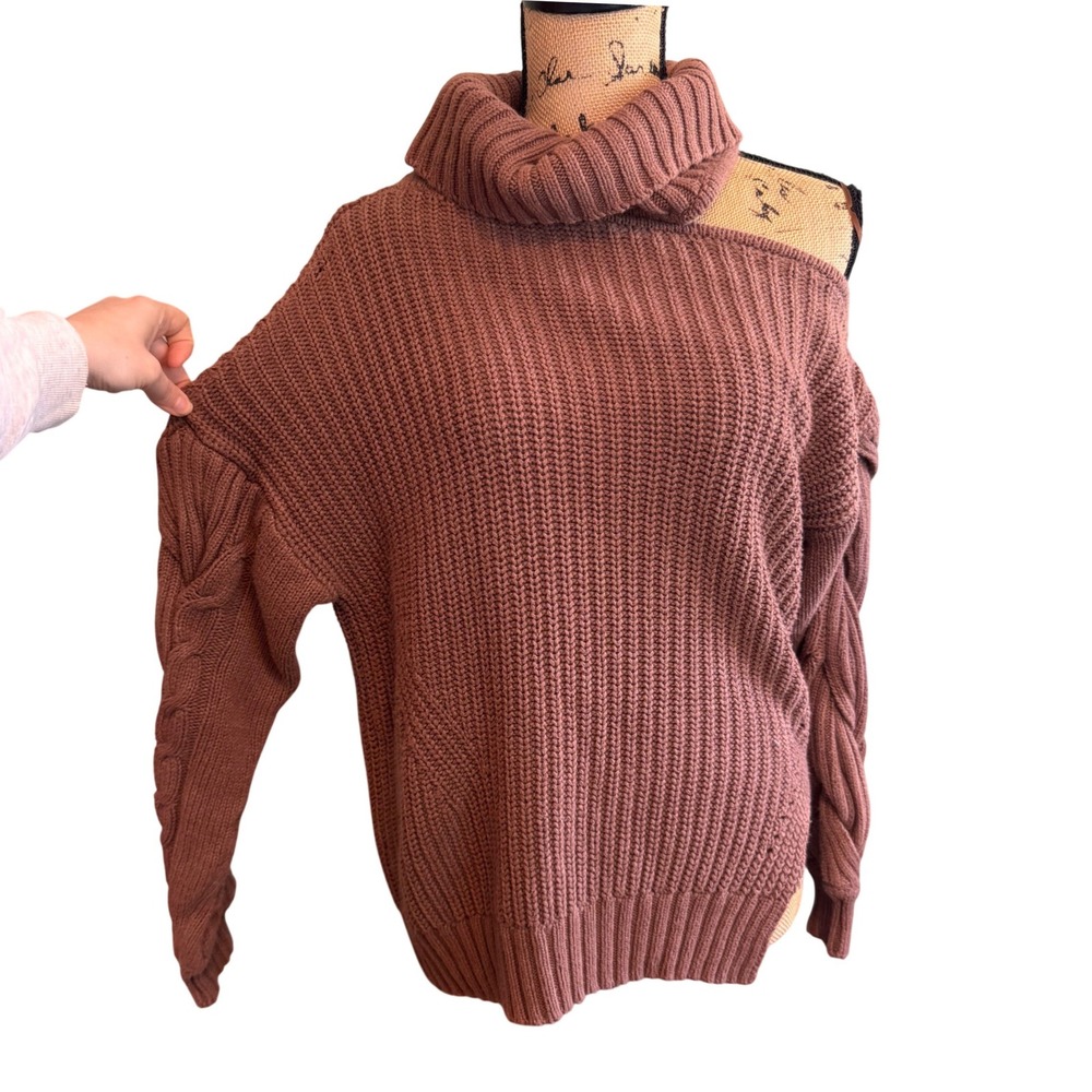 ASTR Womens Cold Shoulder Cable Knit Chunky Cowl Turtleneck Sweater Brown Medium